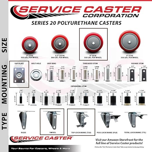 Service Caster Brand Replacement Caster for Uline Caster H-7448SWB -Stainless Steel Swivel Top Plate Caster with 4 Inch Red Polyurethane Wheel and Top Lock Brake- Fits Carts and Platform Trucks H-3352