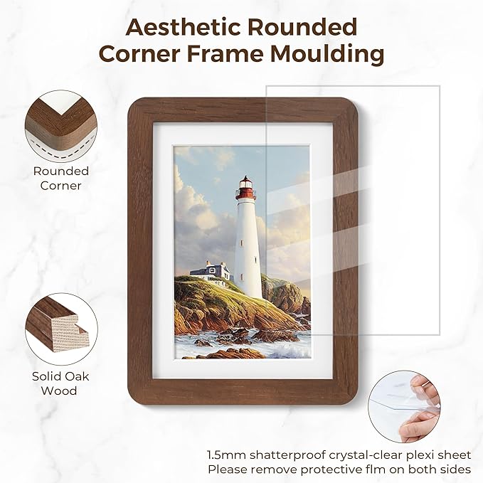 5x7 Picture Frame, 5 by 7 Photo Frame for Wall & Tabletop Display, Solid Oak Wood Frames with Plexiglass, 5x7 Frame Matted to 4x6, Light Wood 5 x 7 Picture Frame for Home Decor, Walnut Color, 1 Pack