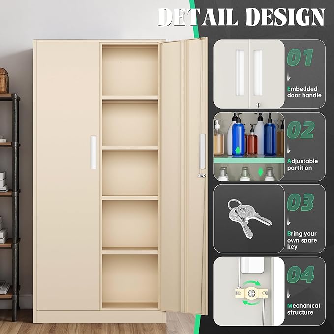 Oakmont Metal Storage Cabinet for Tool Organization, 72" Lockable Garage Storage Cabinets with 2 Doors and 4 Adjustable Shelves, Locking File Cabinet for Office, Home, School (72“ Standard-Ivory)
