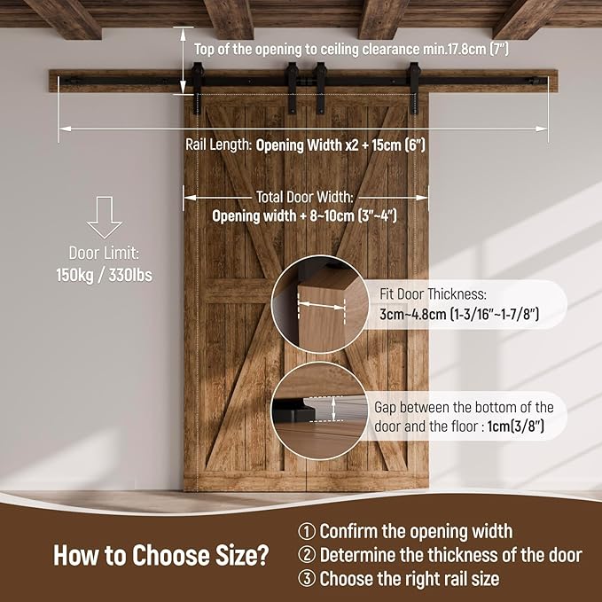 CCJH 7.5FT Sliding Barn Door Hardware Kit, Heavy Duty, Smoothly and Quietly, Easy to Install, Fit 22.5" Width Double Door Panel, Basic Style Hangers Black