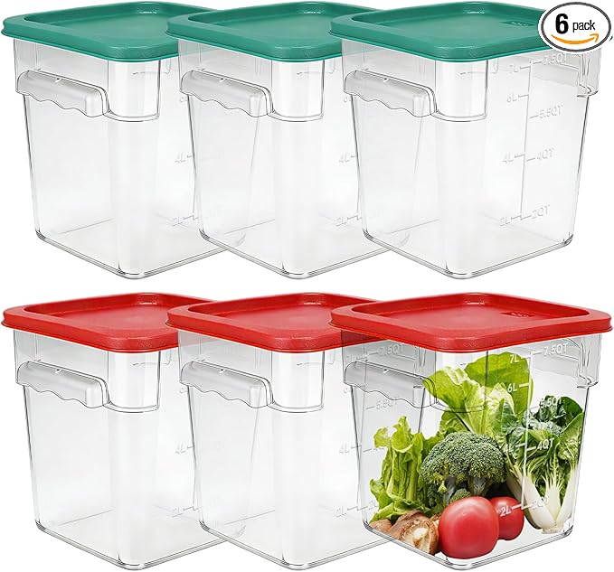 6-Pack 8 Quart Food Storage Container with Lid, Commercial Grade Square Polycarbonate 8 Qt Container with Lid, Handles & Measurement Scales, Airtight Stackable for Kitchen, Restaurant & Home Use