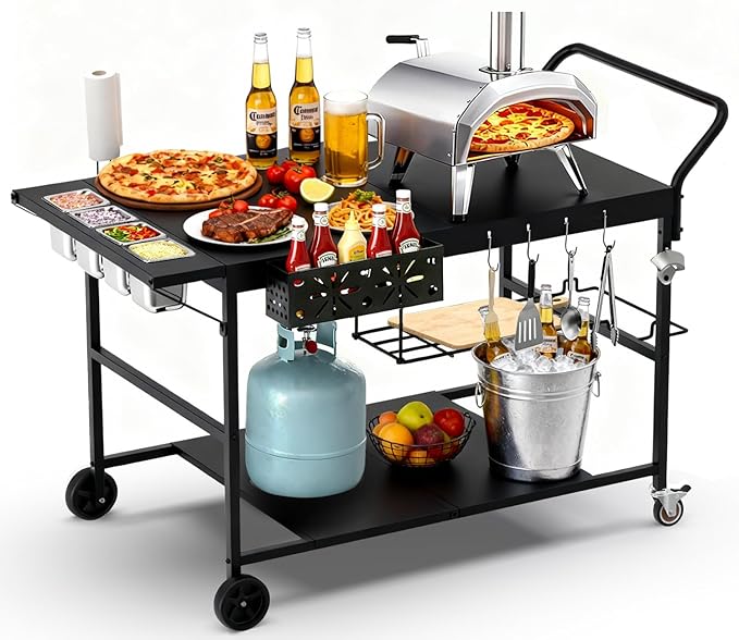 Pizza Oven Table with Topping Station, Outdoor Pizza Oven Cart, Grill Cart Table for Blackstone Griddle, Pizza Prep Station with Storage & Seasoning Tray, for Ninja, Cuisinart, Gozney
