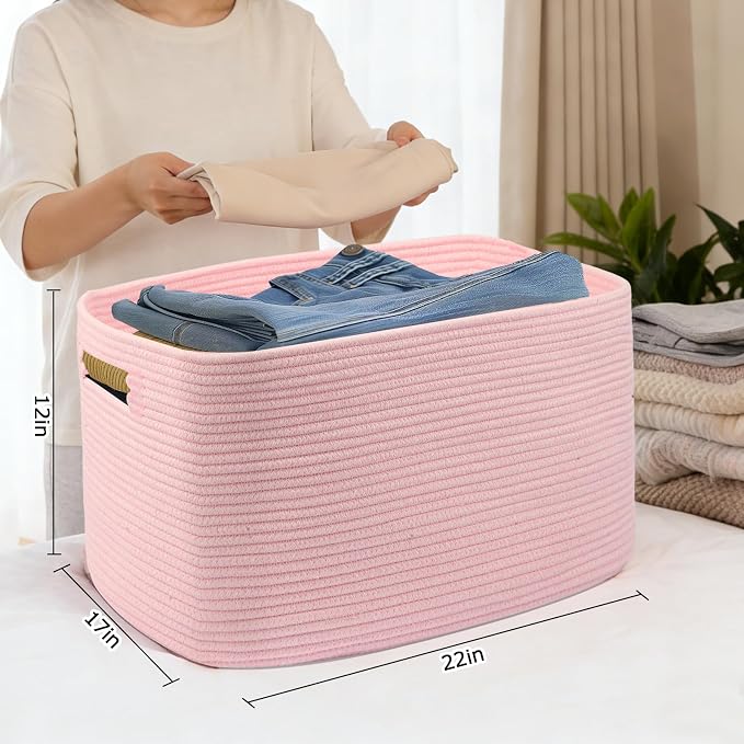 75L Large Woven Storage Basket, 22”x17”x12” Rectangle Blanket Basket - Image 2