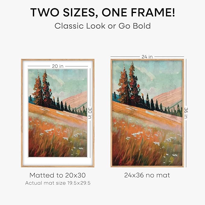 Homeforia 24x36 Poster Frame Wood, High End Natural Oak 24 x 36 Large Picture Frame with Mat 20 by 30, 24x36 Light Wooden Frames Matted to 20x30 Photo, 36x24 Frames, Tempered Glass, Wall Kit, Set of 2