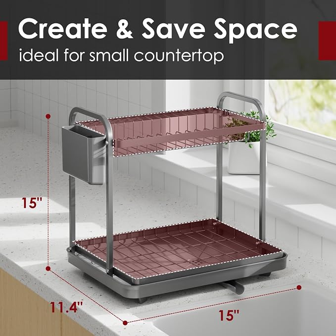Sakugi Dish Drying Rack 2-Tier 15" x11.4" x15" Gray Double Rod | Kitchen - Image 2