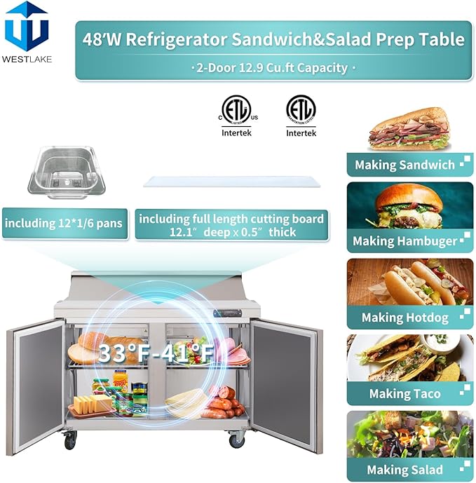 WESTLAKE 48" W 2 Door Refrigerator Sandwich&Salad Prep Table Commercial Stainless Steel Counter Fan Cooling Refrigerator with 12 pans-48 Inches for Restaurant, Bar, Shop, etc