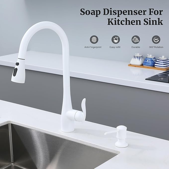 White Sink Soap Dispenser for Kitchen Sink, Built-in and Refill-from-Top Design - Image 4