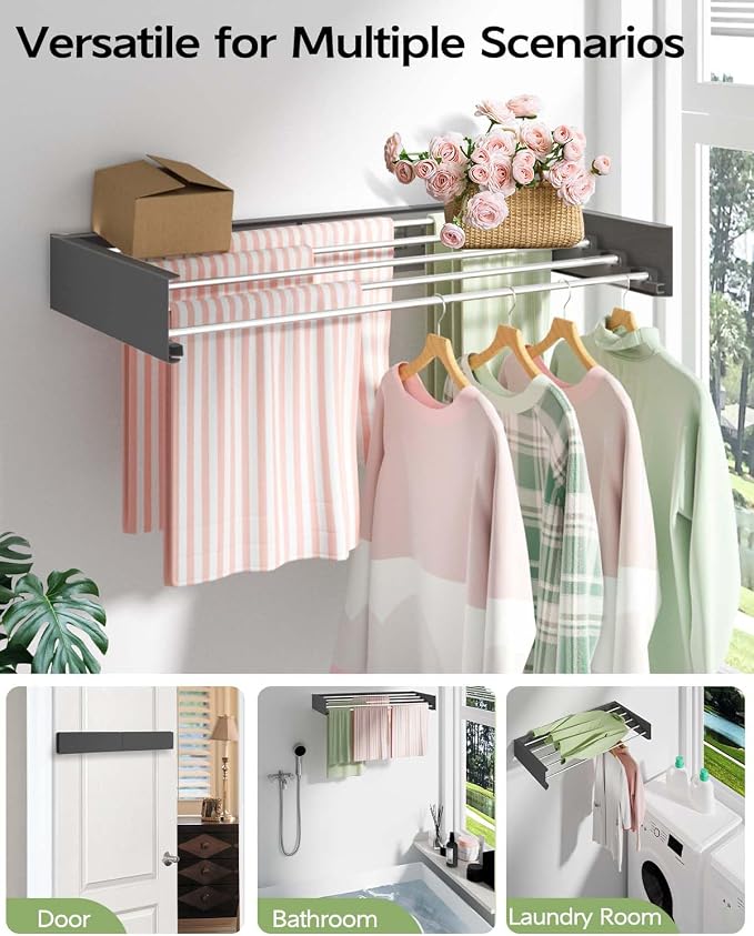 Vikaqi Wall Mounted Clothes Drying Rack 32", Foldable Wall Mount Laundry Rack - Image 3