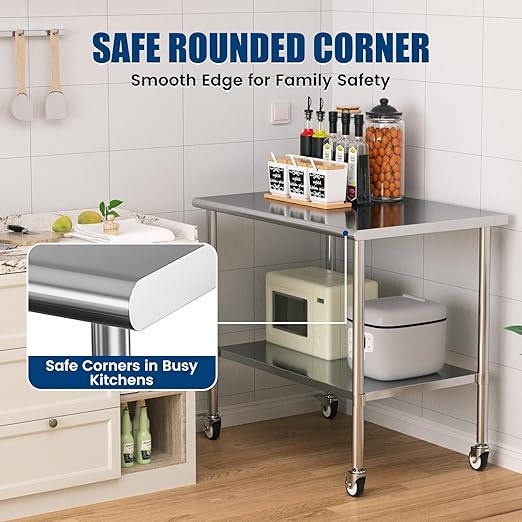 Stainless Steel Work Table with Wheels, 30x48 Inch NSF Kitchen Prep Table with Adjustable Undershelf for Commercial Restaurant, Garage, Outdoor BBQ