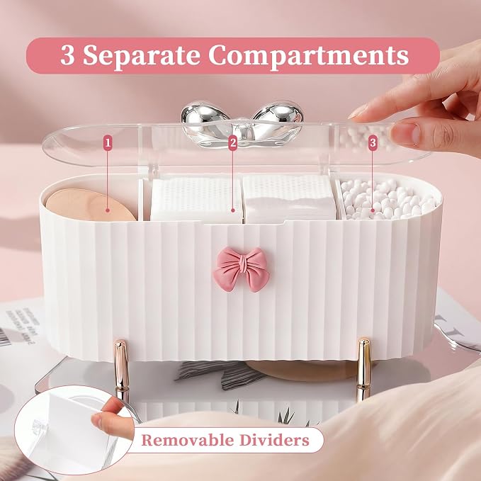 Hushee Coquette Makeup Organizer, 3 Compartment Cotton Pad Holder Dispenser - Image 3