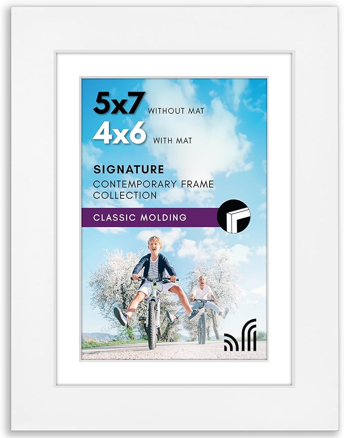 Americanflat 5x7 Picture Frame with Shatter-Resistant Glass - Use as 4x6 Frame with Mat or Display 5x7 Photo Without Mat - Signature Collection - Picture Frames for Tabletop and Wall Display - White