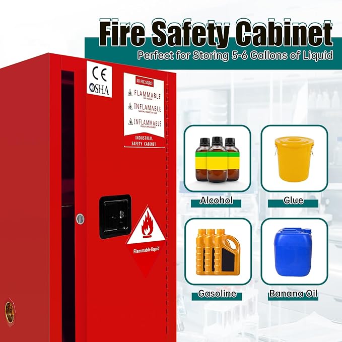 25 Gallon Flammable Storage Cabinet, 35.5×18×18in Galvanized Steel Safety Storage Cabinet, Adjustable Shelf Fireproof Cabinets, Flammable Liquid Storages Cabinets for Industrial and Home Use, Red