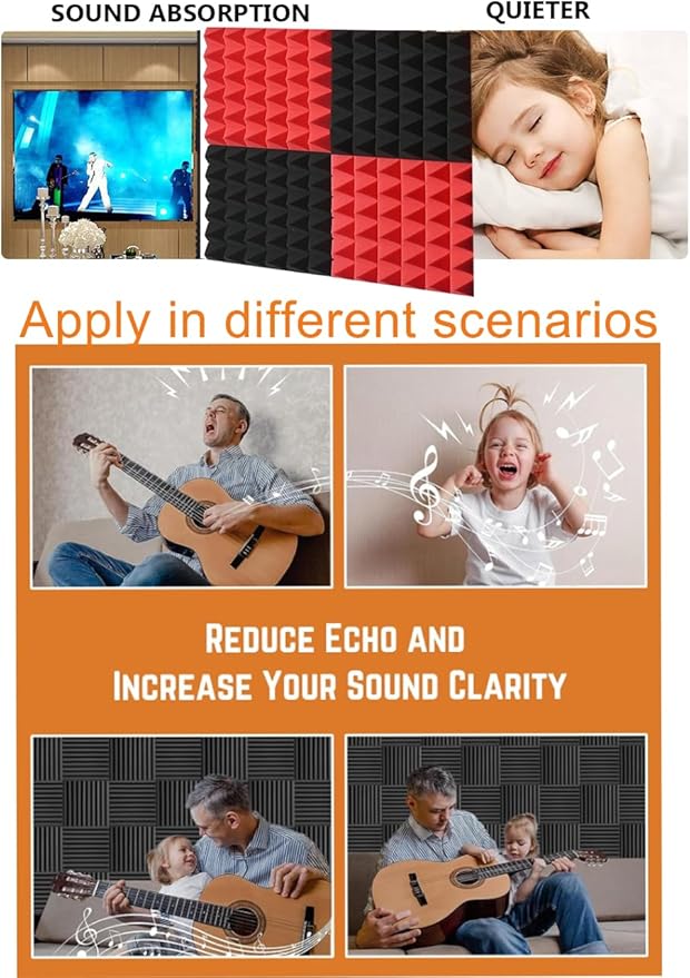 Acoustic Foams Panels 24 Pack 2" x 12"x 12" Sound Proof Foam Panels for Walls High Density and Fire Resistant Soundproofing Panels Soundproof Studio Pyramid Sound Dampening Panels Black Red