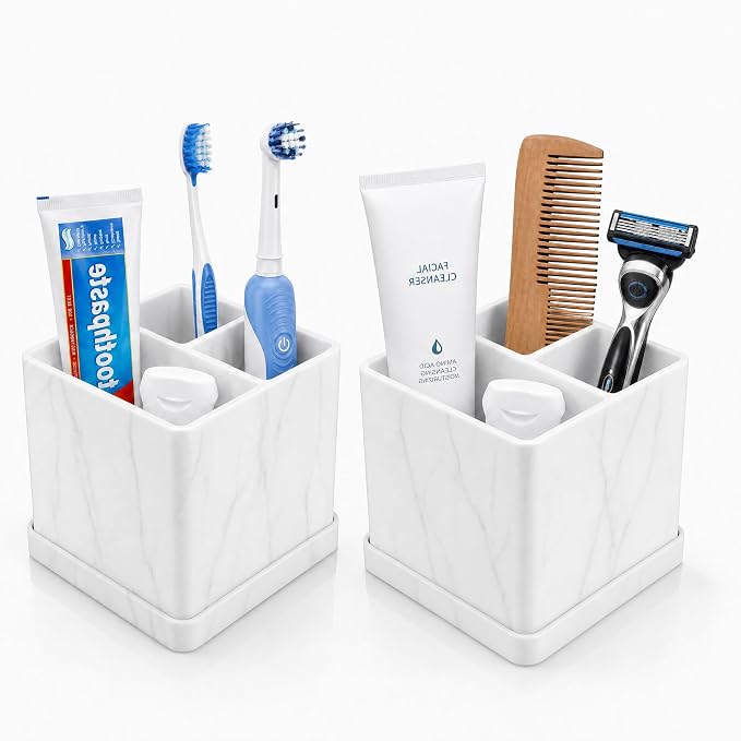 2 Pack Toothbrush Holders for Bathrooms Marble White, 3-Slot Electric by BLESWIN