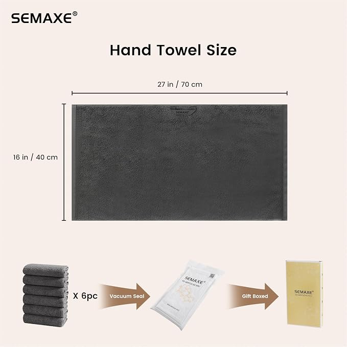 SEMAXE 6-Pack Gray Cotton Hand Towels - Image 2