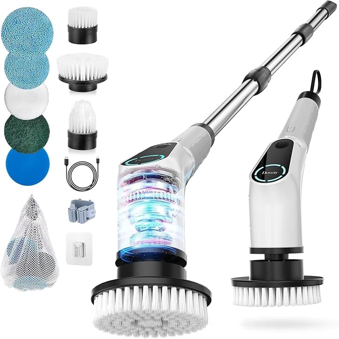 Dovety Electric Spin Scrubber, Extendable Handle, 8 Brush Heads-WH | 90-minute by Dovety