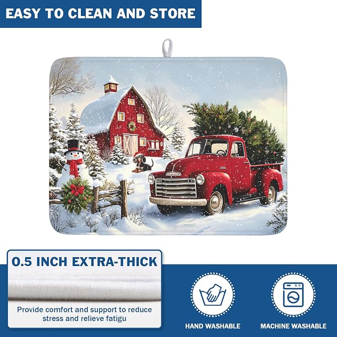 Giwawa Red Truck Dish Drying Mat Winter Xmas Tree Drainer Rack Pad 18"x24" - Image 5