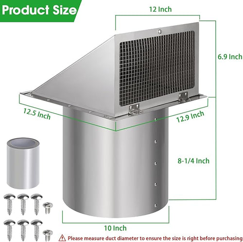 10 Inch Wall Vent Exhaust Vent Cover,Hooded Wall Vent with Screen and Damper,Outdoor Wall Exhaust Vent Cap Exterior Air Vent Cover for Kitchen Range Hood HVAC Duct Dryer Ventilation, Stainless Steel