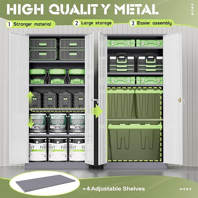 Oakmont Metal Storage Cabinet for Tool Organization, 72" Lockable Garage Storage Cabinets with 2 Doors and 4 Adjustable Shelves, Locking File Cabinet for Office, Home, School (72“ Standard-GreyWhite)