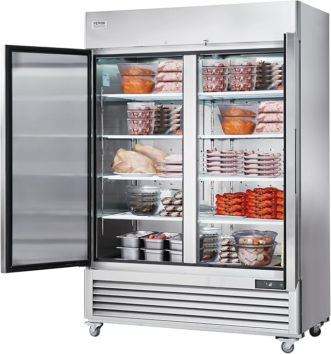 VEVOR Commercial Freezer 44.21 Cu.ft, Reach In 54.4" W Upright Freezer 2 Doors, Auto-Defrost Stainless Steel Reach-in Freezer with 8 Adjustable Shelves, -13 to 5℉ Temp Control, LED Lighting, 4 Wheels