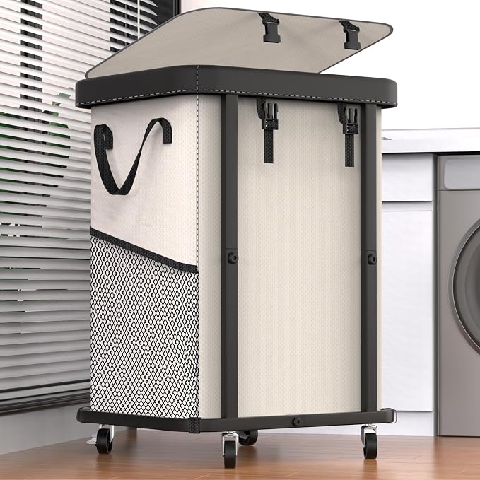 Laundry Basket with Wheels, 150L Leather Patchwork Rolling Hamper Carts by Unlockyourhomestoragelife