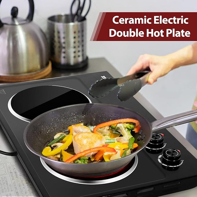 CUSIMAX Double Burner, 1800W Ceramic Electric Hot Plate for Cooking, Dual Control Infrared Cooktop, Portable Countertop Burner, Glass Plate Electric Cooktop, Stainless Steel Black