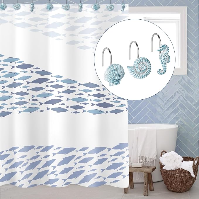 Sunlit Seashells Decorative Shower Curtain Hooks, Aqua Blue Ocean Creatures - Image 4