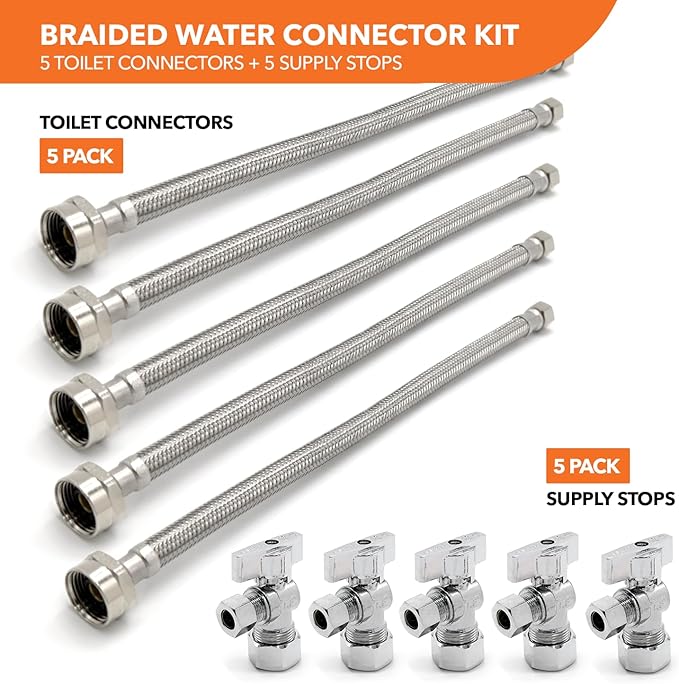 Stainless Steel Toilet Connection Kit - Braided Water Hose, 3/8" Compression x 7/8" Metal Ballcock, 12" Length (5Pack) + Supply Stop Valves, 5/8" x 3/8" Compression (5Pack)