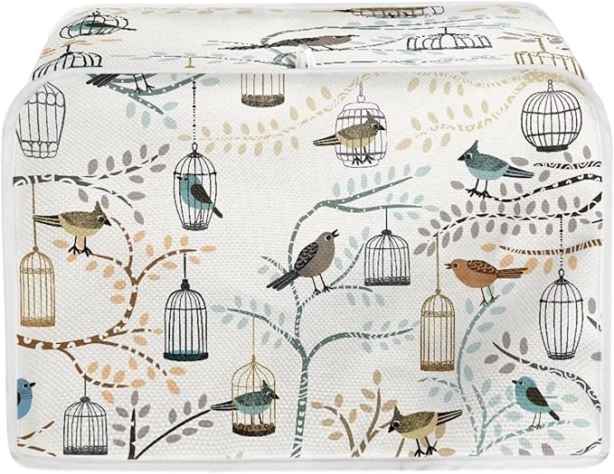Art Birds Print Bread Maker Cover 4 Slice Dust-proof Microwave Toaster Oven Cover Washable, Anti Fingerprint Bread Machine Protector for Kitchen Accessories