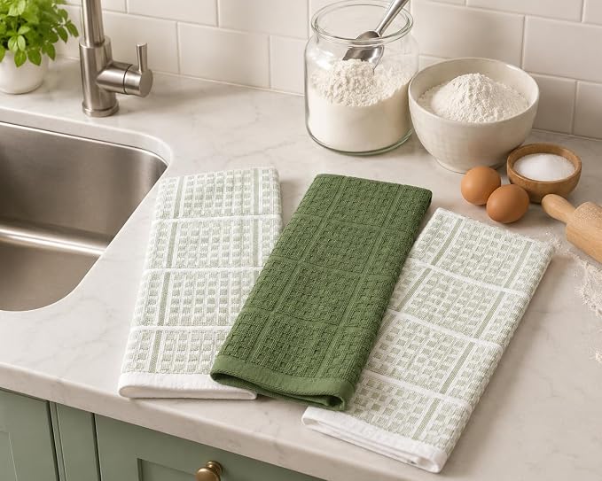Serafina Home Sage Green Kitchen Dish Towels – Set of 3 100% Cotton Cloth Soft - Image 3
