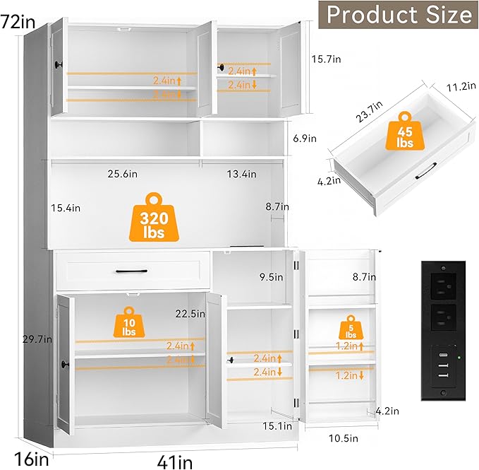 72" Kitchen Pantry Cabinet with LED Light and Charging Station Tall Pantry Storage Cabinet with Adjustable Shelves and Door Shelves Modern Kitchen Hutch with Microwave Stand and Countertop