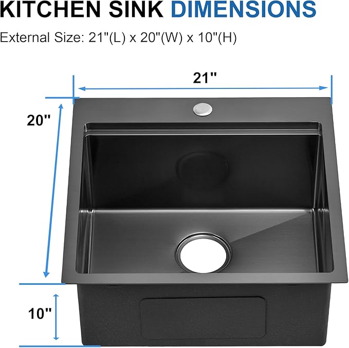 Scamall 21x20x10 Drop In Kitchen Sink Workstation, Nano Black 304 Stainless Steel Deep Single Bowl with Quick Drainage & Tarnish-Free Surface for Bar, Laundry, RV, Includes Accessories