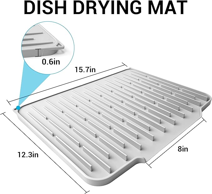 Silicone Dish Drying Mat for Kitchen Counter, Foldable & Heat Resistant Drying Pad with 5° Slope & Wide Drain, 15x12 Inch Non-slip Sink Mat for Bathroom and Countertop.(Light Grey）