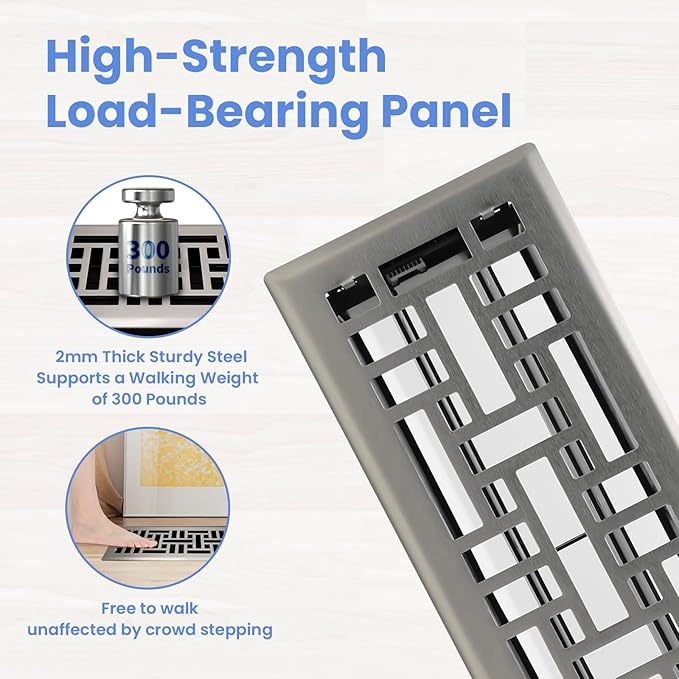4x12 Inches 4 Pack Heavy Duty Walkable Floor Register - Easy Adjust Air Supply Lever Decorative Floor Vent Covers, Seattle Design Vent Covers for Home - Satin Nickel