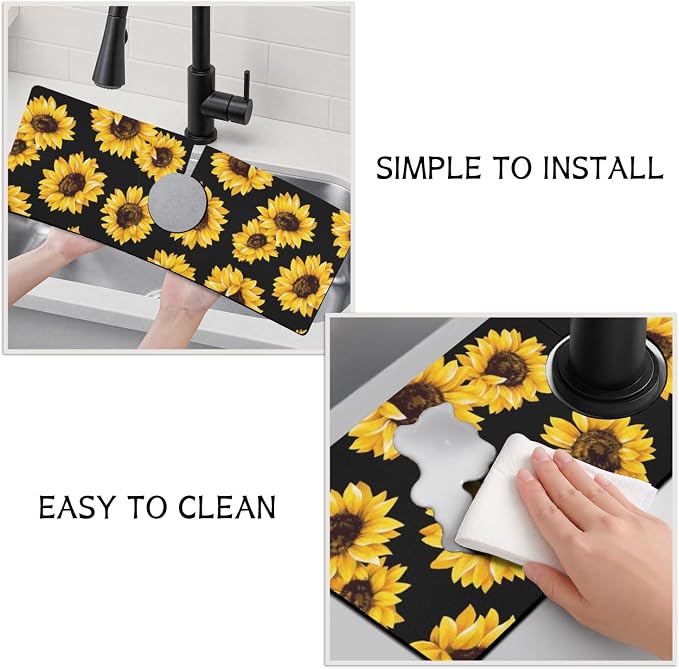 Vintage Black Sunflowers Kitchen Sink Splash Guard Faucet Mat, Faucet Non-Slip - Image 4