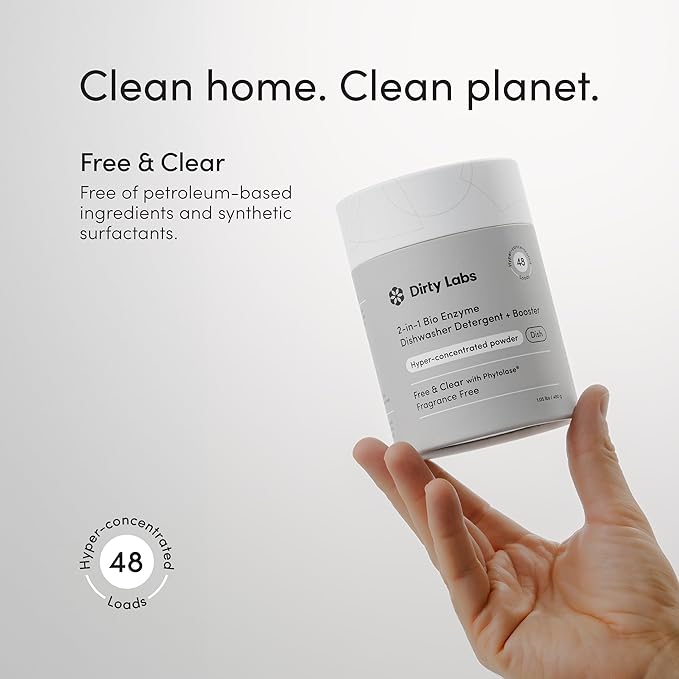 Dirty Labs | Dishwasher Detergent and Booster | Scent Free | 48 Loads (1 lb) | Ultra Clean, Spot Free, Quick Wash Optimized | Hyper Concentrated
