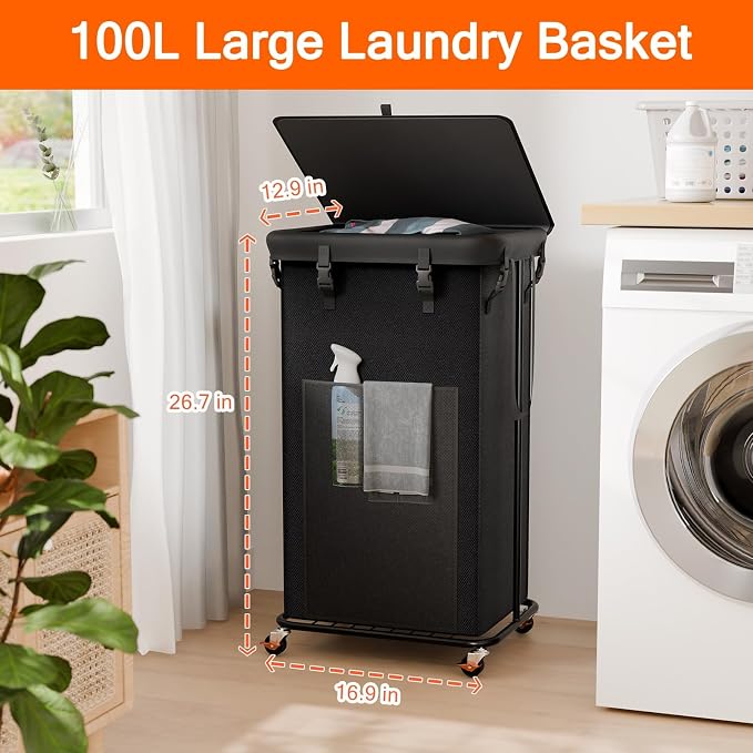 100L Laundry Hamper with Lid & Wheels, Rolling Laundry Basket with Bag - Image 2