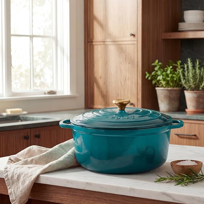 Zulay Kitchen 6 Quart Enameled Cast Iron Dutch Oven Pot with Lid – Premium Durability & Oven Safe up to 500°F – Heavy Duty Cookware Perfect for Bread Baking, Stews, Braising & Roasting – Emerald