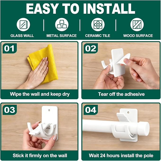 No Drill Curtain Rod Brackets, Self Adhesive Curtain Hooks 20lb, Nail Free - Image 8