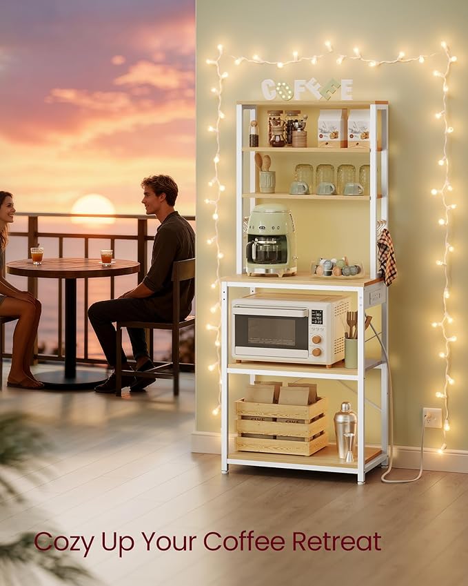 VASAGLE Bakers Rack with Power Outlet, 23.6 Inches Coffee Bar for Kitchen with Storage, 6-Tier Kitchen Shelves with 6 Hooks, Microwave Stand, Industrial, Golden Oak and Cloud White UKKS124Y03