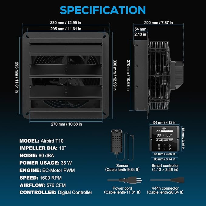 10 Inch Shutter Exhaust Fan, High-Speed Vent Fan with Temperature Humidity Controller, Suitable for Attics, Greenhouses, Garages