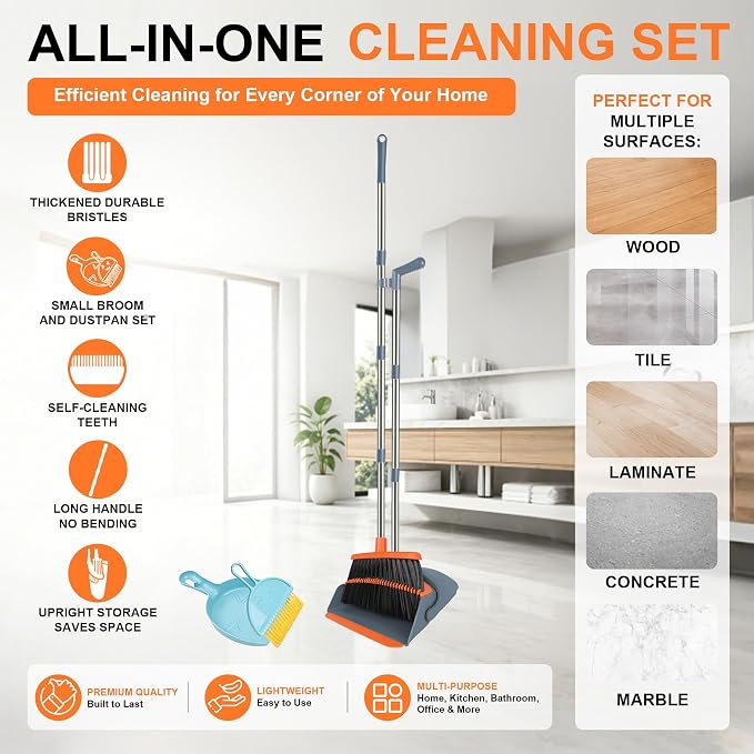 Broom and Dustpan Combo Set, Kitchens & Tight Spaces, Built-in Comb Dustpan - Image 2