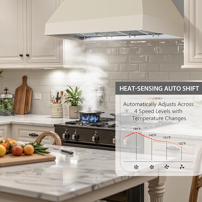 Akicon 48 Inch Range Hood Insert With Heater Sensor, 1200 CFM Ultra-Quiet Stainless Steel Ducted Vent Hood Insert with 4 Speed Fan, Dimmable LED Lights and Dishwasher Safe Filters