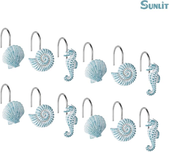 Sunlit Seashells Decorative Shower Curtain Hooks, Aqua Blue Ocean Creatures - Image 2