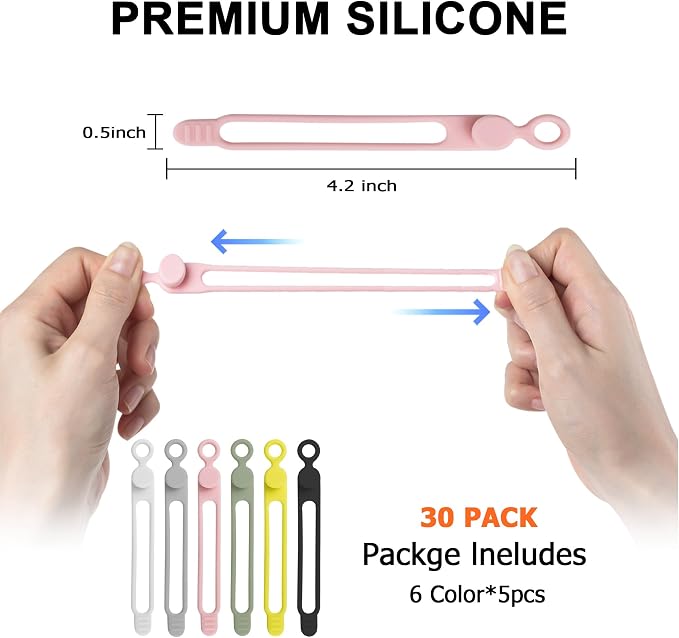 30Pcs Silicone Cable Ties, Cord Organizer Cable Management | Reusable Cord Ties - Image 2