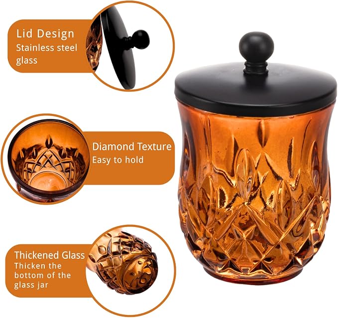 10Oz Amber Q-Tip Holder, Round Thick Glass & Zinc Alloy Lid - Image 3