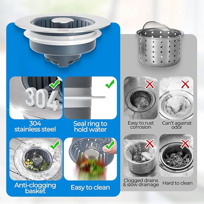 zaa 3 in 1 Kitchen Sink Drain Strainer Stopper Removable Basket Pop-Up - Image 5