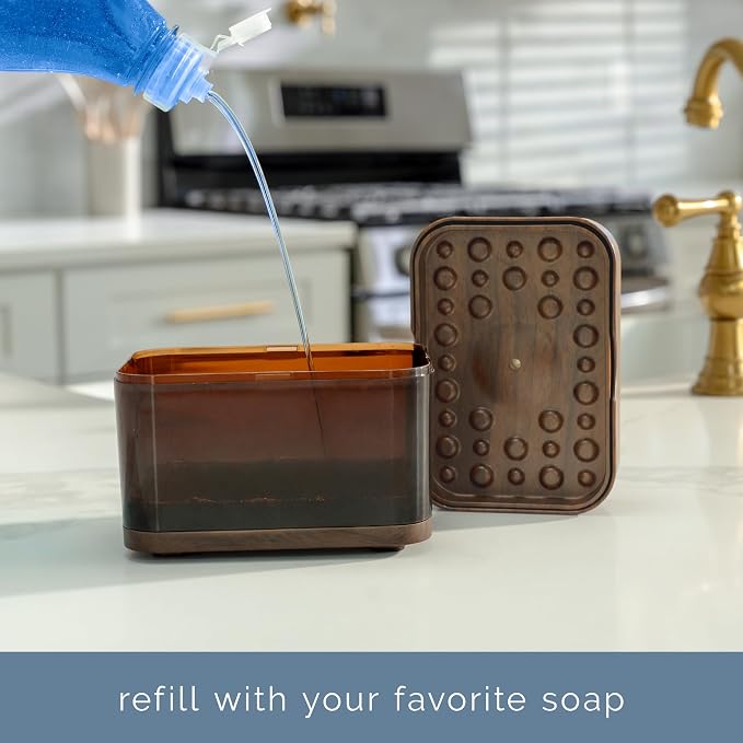 S&T INC. Dish Soap Dispenser and Sponge Holder, Plastic Walnut and Amber | - Image 3