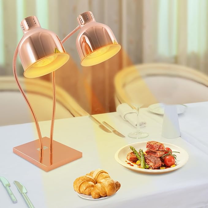 Food Heat Lamp Warmer Rose Gold, 500W Double Bulbs Buffet Display Heating Preservation Light, Electric Portable Infrared Heating Lamp with 360°Adjustable Head (Rose Gold)