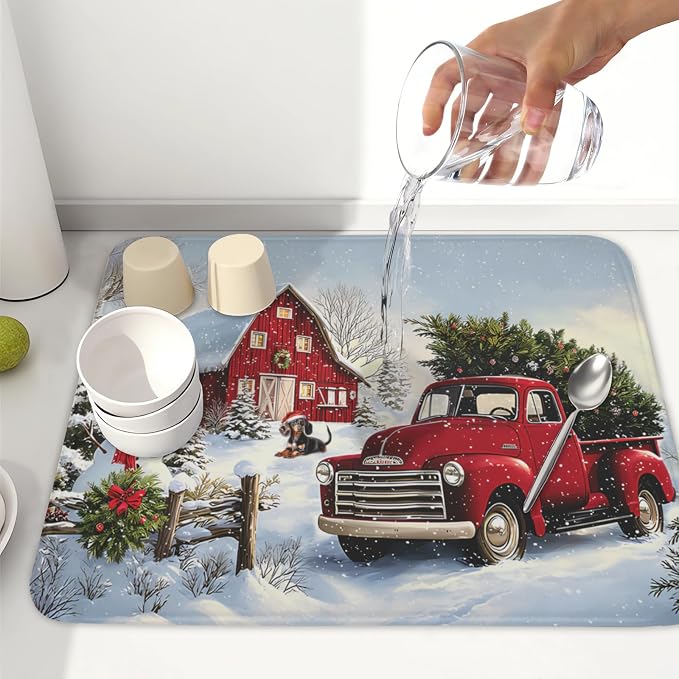 Giwawa Red Truck Dish Drying Mat Winter Xmas Tree Drainer Rack Pad 16"x18" - Image 6